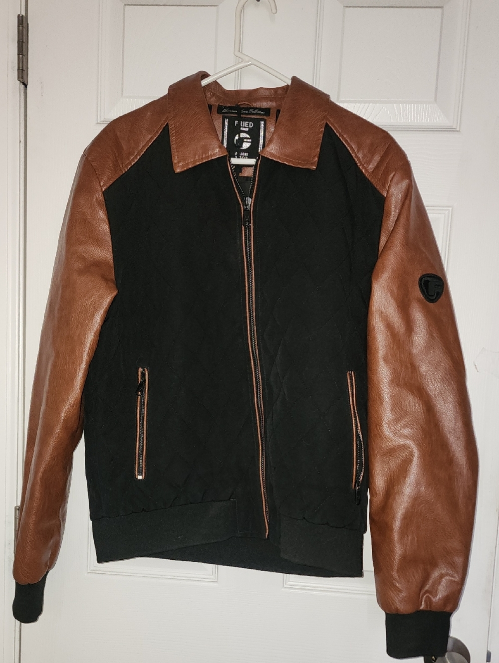 Fried Denim Vegan L Quilted Bomber Jacket - Black & Brown Leather Sleeve